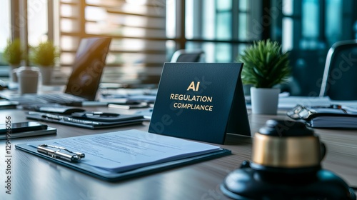 Wallpaper Mural A professional office setting featuring a sign about AI regulation compliance, emphasizing a modern and organized workspace. Torontodigital.ca