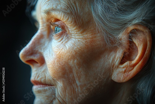 Hearing Aid Close-Up of Elderly Woman with White Hair and BTE Device photo