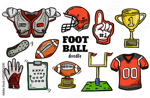 Hand drawn illustration of american football thing. football Doodles consist of ball, shirt, gloves, cup and other in colorful illustration.