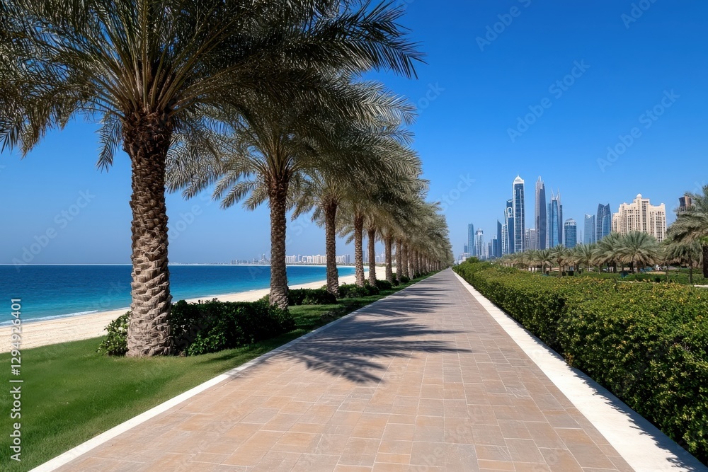 A well-maintained palm promenade runs alongside a wide beach, with a modern skyline in the distance, inviting viewers to embrace the beauty of coastal life. A well-maintained palm promenade runs alongside a wide beach, with a modern skyline in the distance, inviting viewers to embrace the beauty of coastal life.