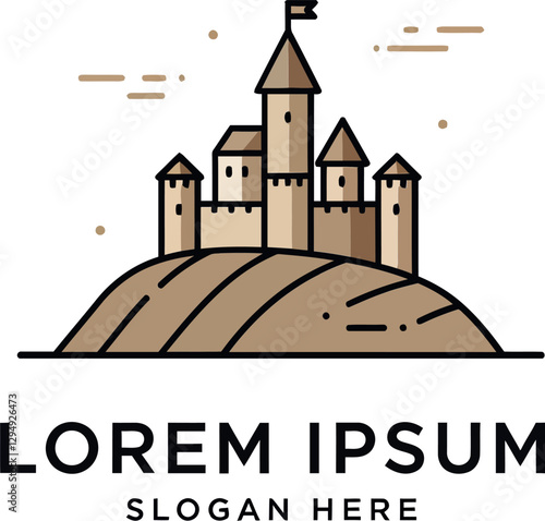 A detailed illustration of a medieval castle on a hill in flat vector art style