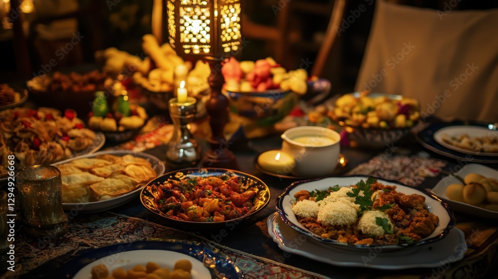 Fototapeta premium Vibrant Middle Eastern feast with traditional dishes and lively atmosphere during a gathering at night