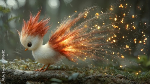 charming baby phoenix perches on white background its fiery red and gold feathers glowing vibrantly. Delicate embers float around its wings radiating magical energy and warmth.