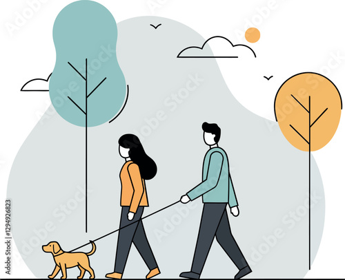 Two people walking a dog in a park setting with trees and clouds in flat vector art