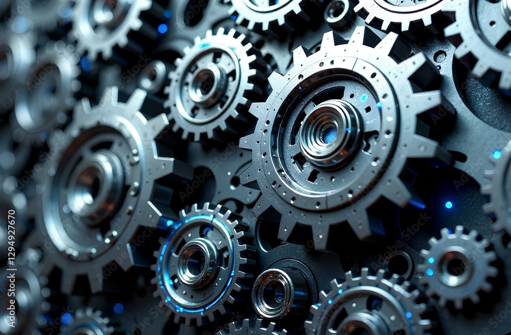 Close-up of industrial gears, metallic style, on dark background. Concept of machinery and engineering Close-up of industrial gears, metallic style, on dark background. Concept of machinery and engineering