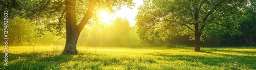 Beautiful summer landscape with trees at sunrise.