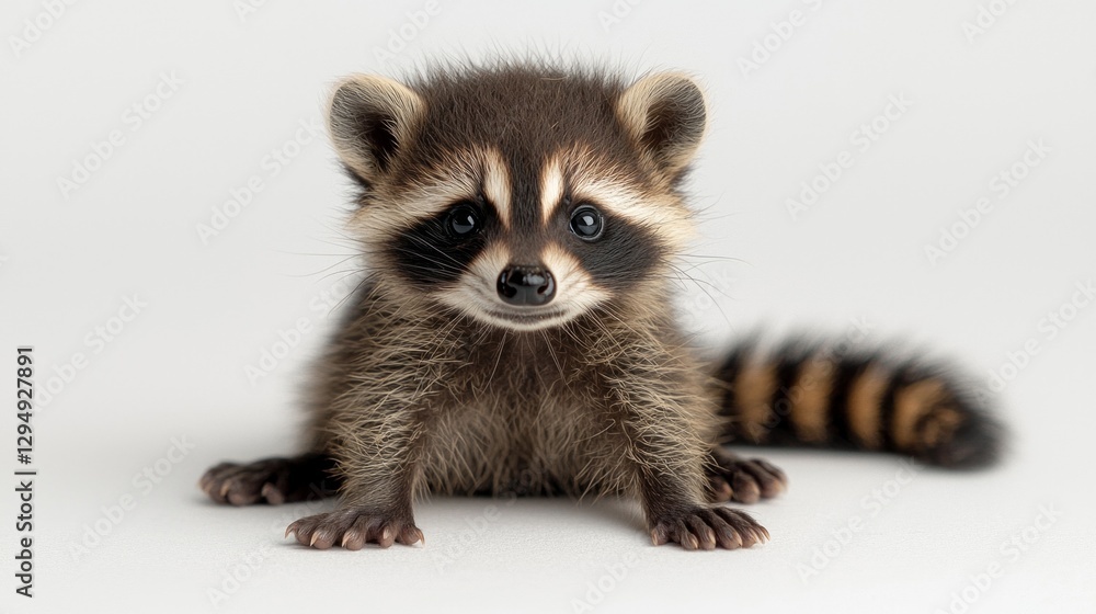 Obraz premium small baby raccoon sits on clean white background its fluffy fur and curled striped tail enhancing its playful demeanor. Its black paws stretch out revealing curious expression.