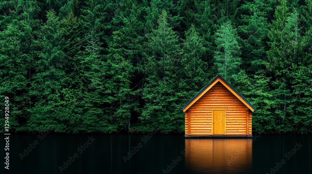 Secluded Wooden Cabin on Calm Lake Surrounded by Lush Green Forest Secluded Wooden Cabin on Calm Lake Surrounded by Lush Green Forest