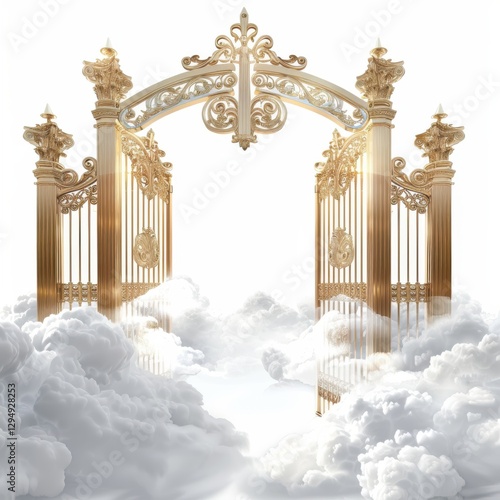 Shimmering white gates of heaven, highlighted by soft cloud patterns and a glowing top, resting against a peaceful white backdrop.