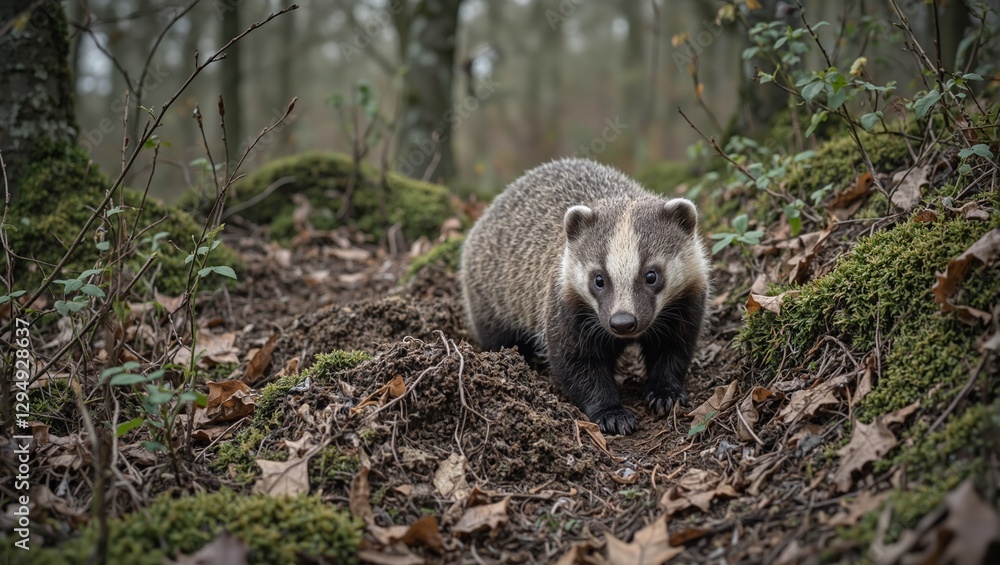 Fototapeta premium A determined badger excavates the forest floor surrounded by lush foliage and singing birds in a serene woodland setting