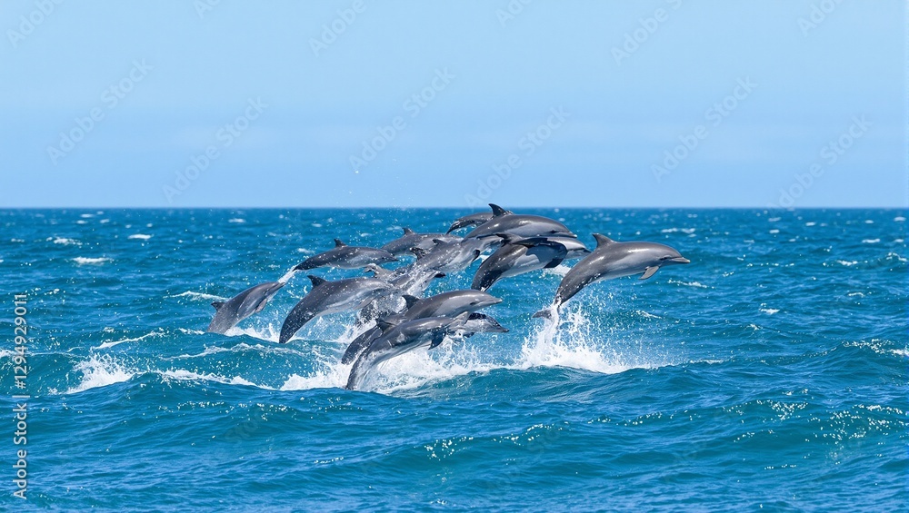 Obraz premium Graceful pod of dolphins playing in the sun dappled tropical waters their silvery bodies leaping in synchrony under the endless blue sky