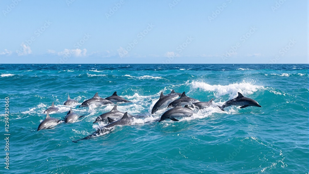 Naklejka premium Graceful pod of dolphins playing in the sun dappled tropical waters their silvery bodies leaping in synchrony under the endless blue sky