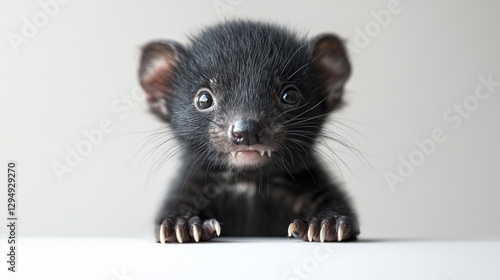 small Tasmanian devil pup big ears and tiny claws sits on white background. It lets out squeak revealing small sharp teeth while looking curiously camera. photo