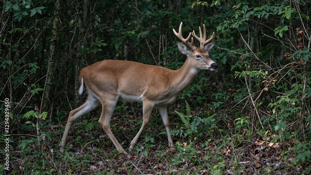 Majestic white tailed deer in a dense forest blending with dappled light and lush underbrush exuding a sense of cautious grace Majestic white tailed deer in a dense forest blending with dappled light and lush underbrush exuding a sense of cautious grace