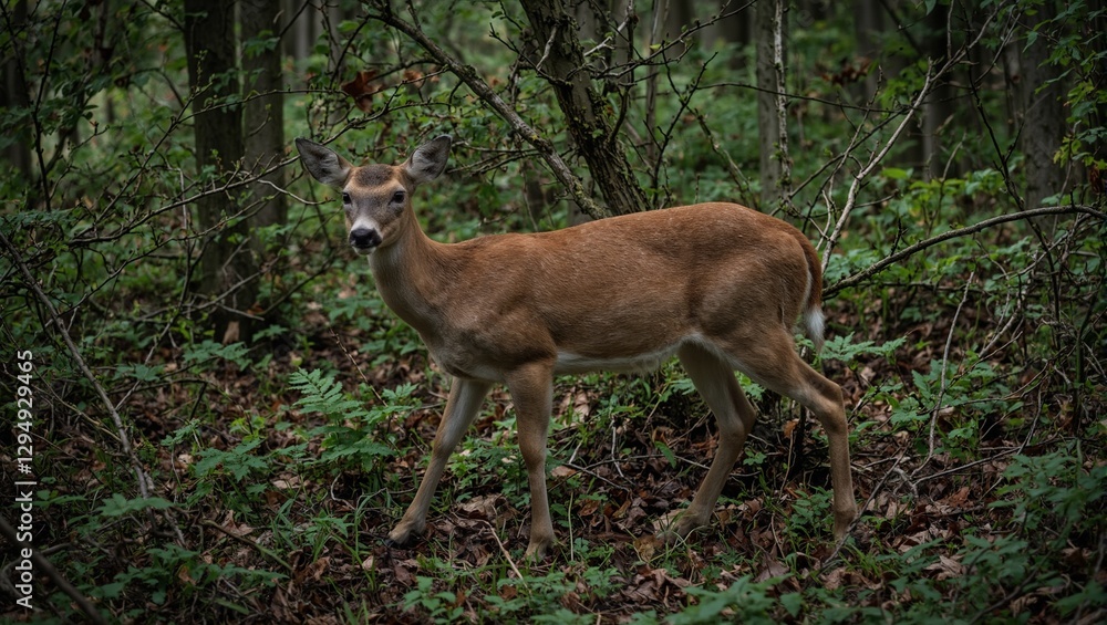 Majestic white tailed deer in a dense forest blending with dappled light and lush underbrush exuding a sense of cautious grace Majestic white tailed deer in a dense forest blending with dappled light and lush underbrush exuding a sense of cautious grace