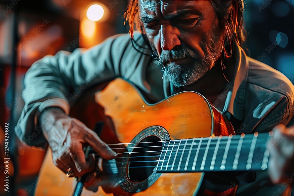 Fototapeta premium A close-up portrait of a musician playing an acoustic guitar with expressive emotions during a live performance