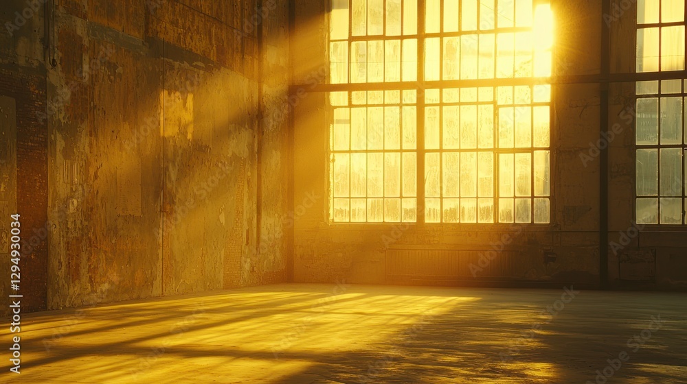 Sunbeams illuminate empty, grunge warehouse. Sunbeams illuminate empty, grunge warehouse.