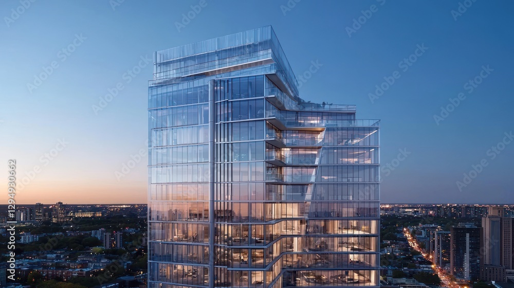 Fototapeta premium Modern glass skyscraper at sunset, city view. (2)