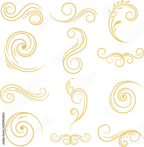 Elegant decorative swirls and flourishes in gold color, minimal style, vector illustration