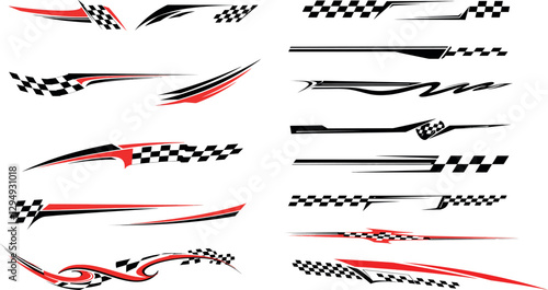 Dynamic racing stripes in black and red colors with checkered patterns in a flat vector illustration