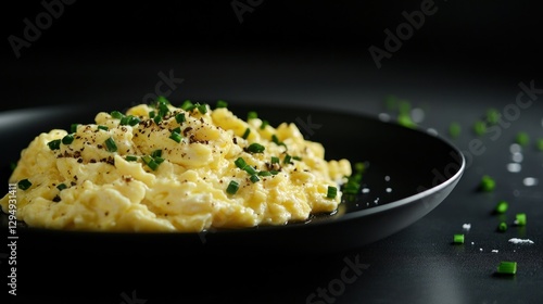 Fluffy scrambled eggs, chives, pepper, dark background, breakfast food photo