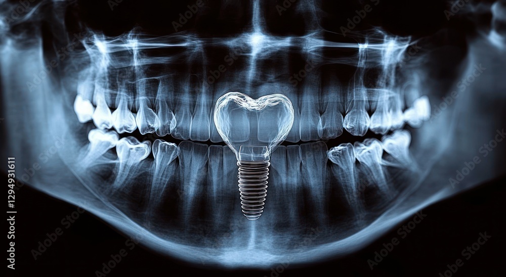 Dental X-ray Image of Adult Man with Heart-Shaped Dental Implant for Tooth Replacement Featuring Painful Area Dental X-ray Image of Adult Man with Heart-Shaped Dental Implant for Tooth Replacement Featuring Painful Area
