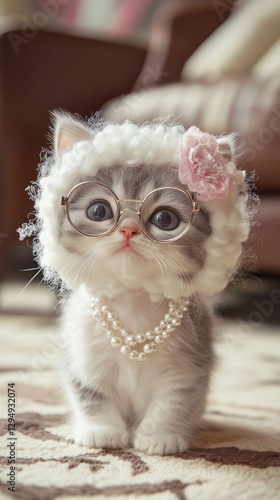 cute kitten wearing glasses and knitted hat with flower, adorned with pearls, exudes charm and playfulness in cozy setting