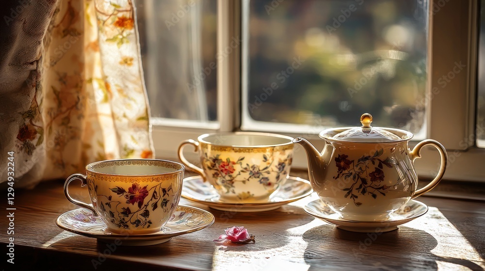 Fototapeta premium Vintage tea set on windowsill in sunlight.