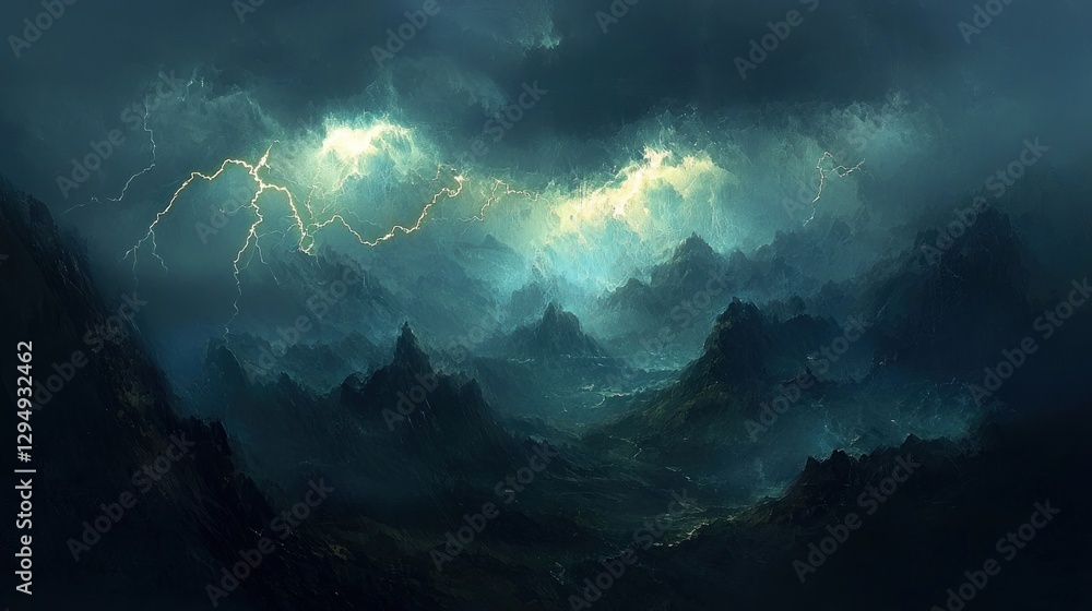 Obraz premium Dramatic lightning storm over dark mountain range.