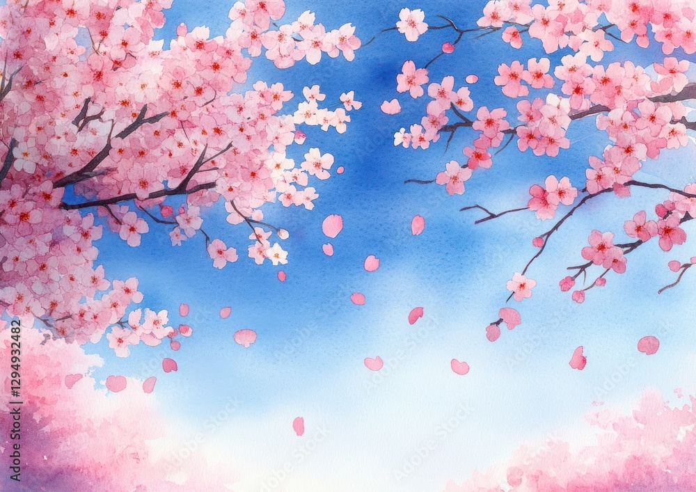 Cherry Blossom Frame with Soft Pink Petals Against Blue Sky Watercolor Illustration Cherry Blossom Frame with Soft Pink Petals Against Blue Sky Watercolor Illustration
