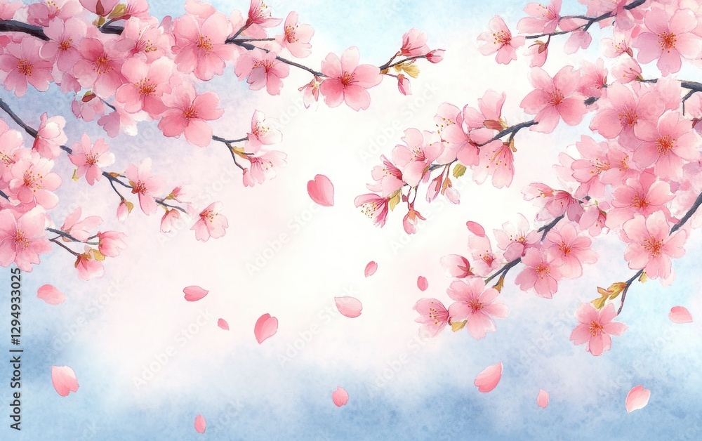Fototapeta premium Cherry Blossom Framed by Petals in Spring Sky Watercolor Illustration