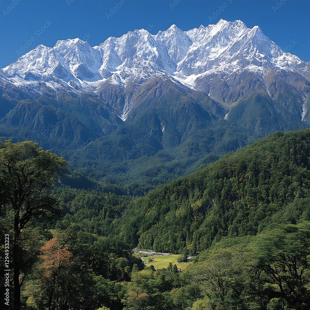 Majestic snow-capped mountains overlooking valley, forest Majestic snow-capped mountains overlooking valley, forest