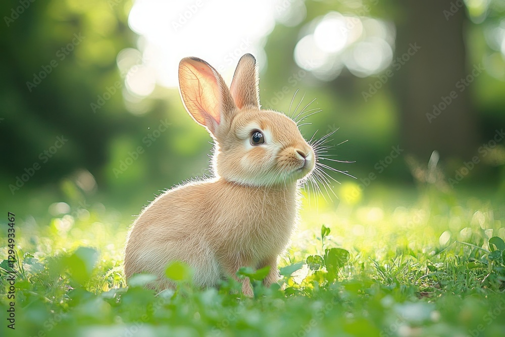 Fototapeta premium Cute Brown Rabbit Sitting on Green Grass in Soft Focus with Dappled Sunlight