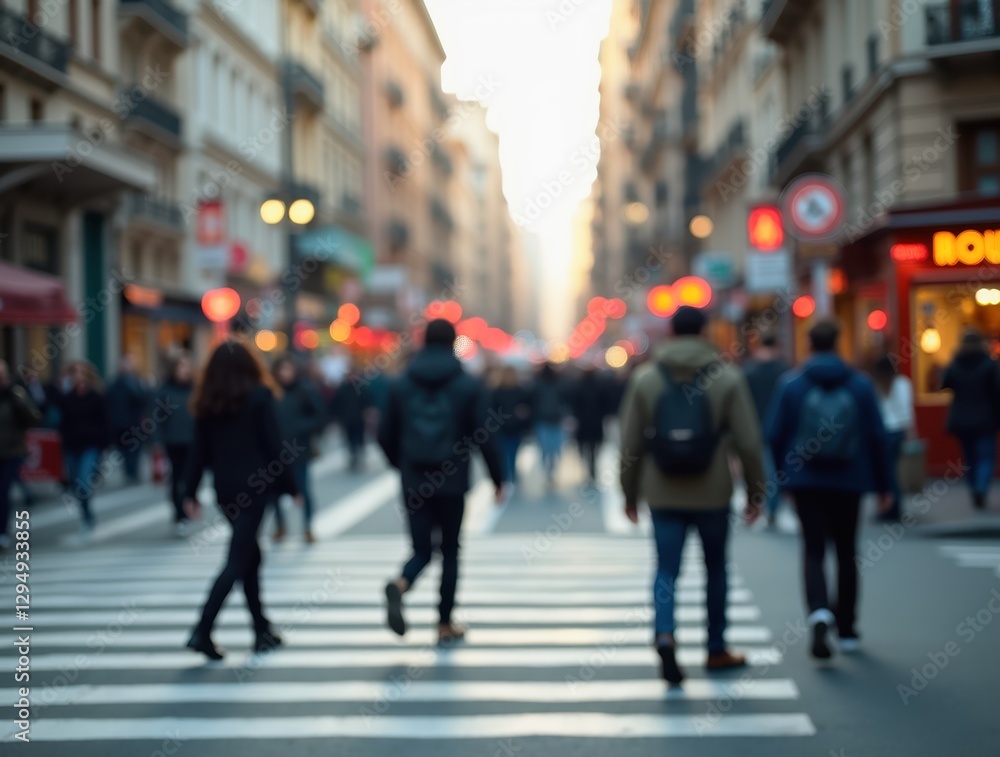 Pedestrians Crossing a Busy Downtown Street at Dusk Pedestrians Crossing a Busy Downtown Street at Dusk