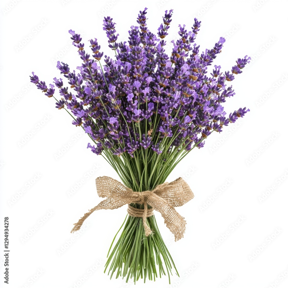 Obraz premium Beautiful Lavender Bouquet with Purple Flowers Tied with Natural Rope on White Background for Fresh Decor or Gifts