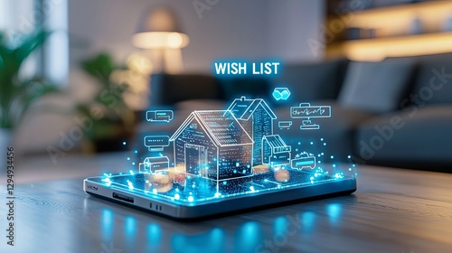 A futuristic laptop displaying a glowing wish list, featuring a holographic house and digital icons.