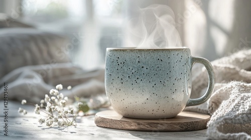 Wallpaper Mural Steaming mug on wooden coaster near soft blanket and flowers. Torontodigital.ca