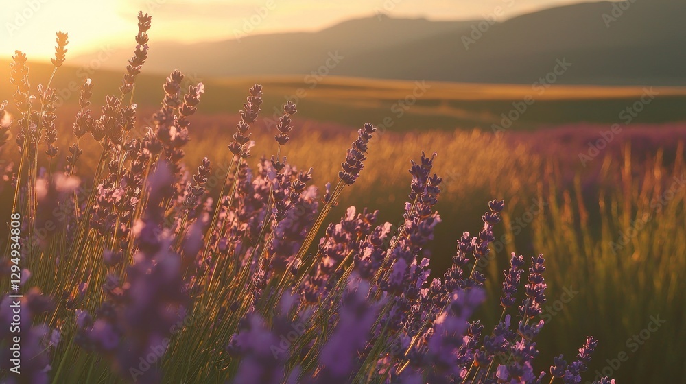 Naklejka premium Golden hour sunset over a lavender field.