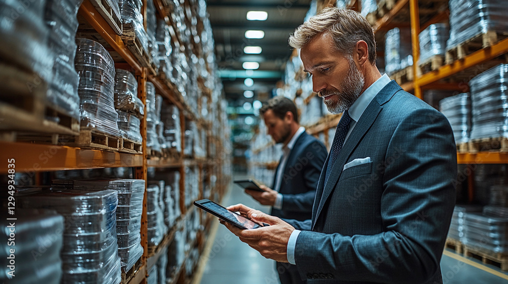 Naklejka premium Businessmen with tablets monitoring stock levels in distribution center