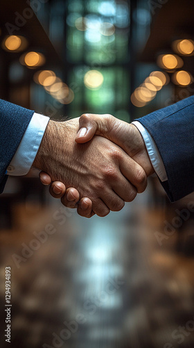 Close up of professional handshake with glowing lights in background