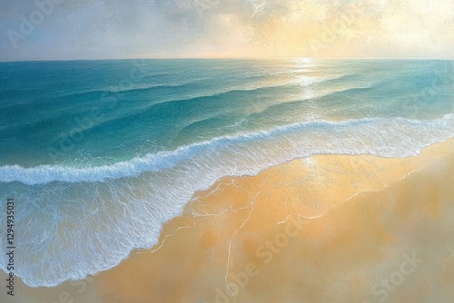 Aerial view of serene beach and turquoise ocean wave meeting golden sand in tropical paradise