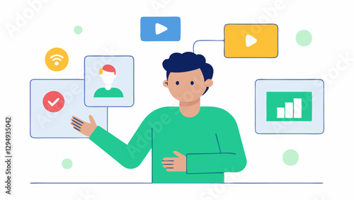 Video Call Features A developer illustrating video call features on a whiteboard pointing at various icons representing chat video and screen share options for thes and clients.