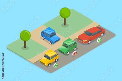 3D Isometric Flat Vector Illustration of Bad Parking Example, Sports Restricted for Parking