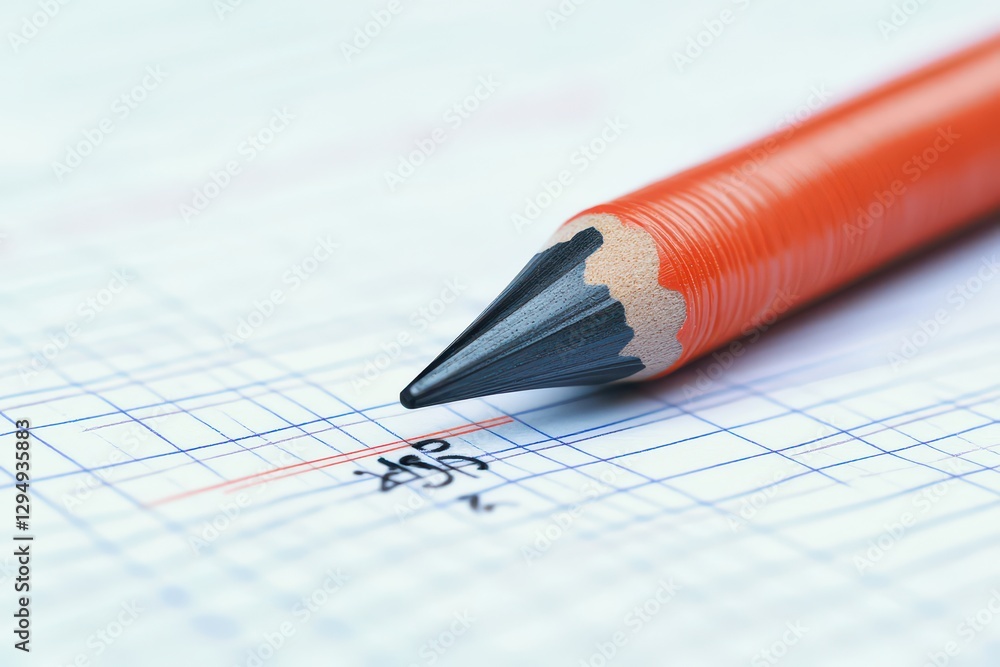 Close-up of a sharpened orange pencil resting on graph paper with faint handwritten notes Close-up of a sharpened orange pencil resting on graph paper with faint handwritten notes