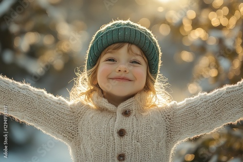 Joyful child in cozy sweater and beanie enjoying snowy winter landscape with arms outstretched under warm sunlight photo