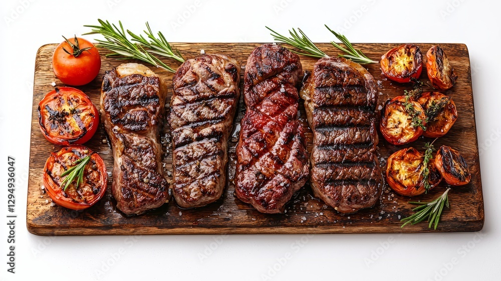 Grilled Steak with Tomatoes on Wooden Platter Grilled Steak with Tomatoes on Wooden Platter
