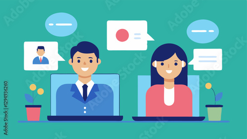 Video Call A scene showing a virtual assistant on a video call with an exeive both friendly and engaged with laptops and notepads visible.
