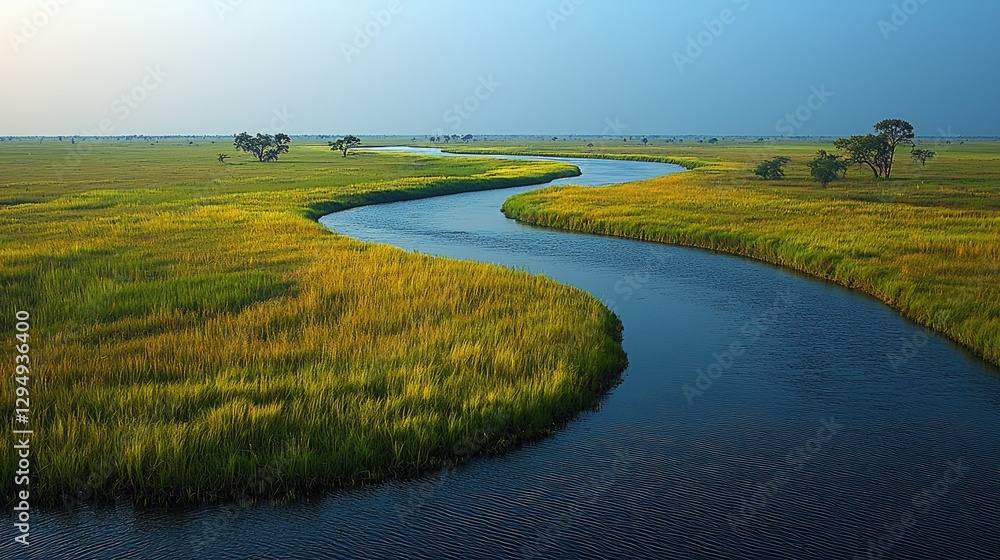 Fototapeta premium Serene winding river flowing through lush green fields under a clear blue sky at dusk