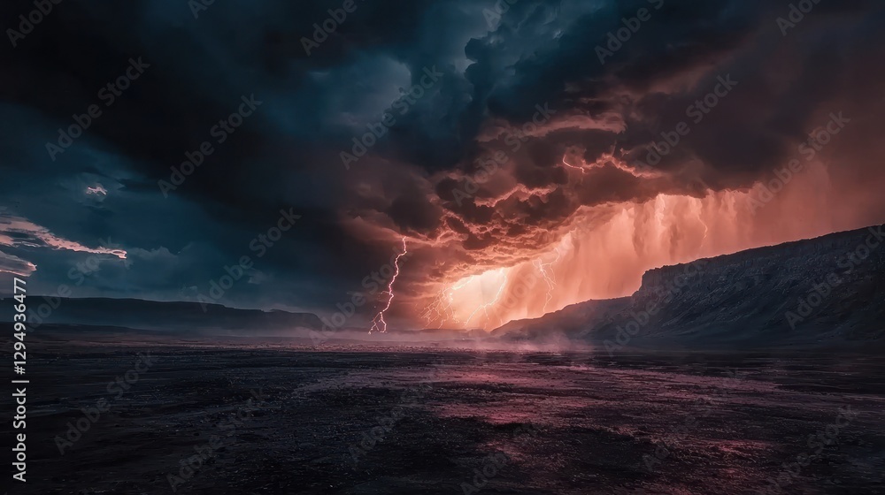 Fototapeta premium Dramatic lightning storm over a dark landscape.
