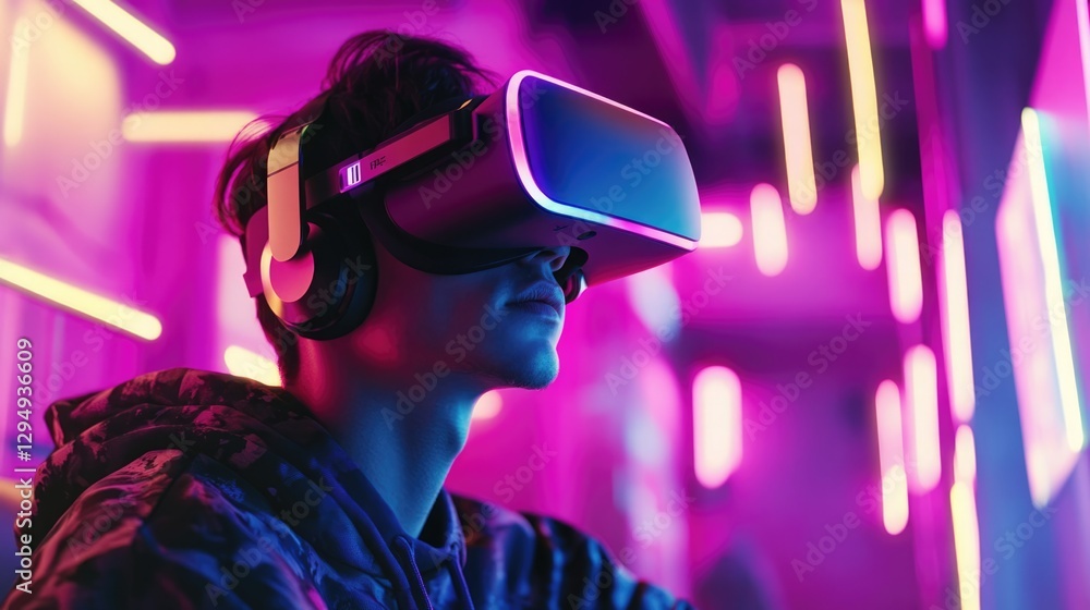custom made wallpaper toronto digitalPerson in VR Headset Immersed in Neon Lights